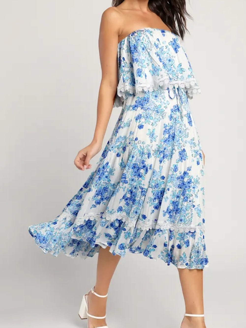 Lulus Beachy Bliss White & Blue Floral Strapless Midi Dress sz Small 2/4